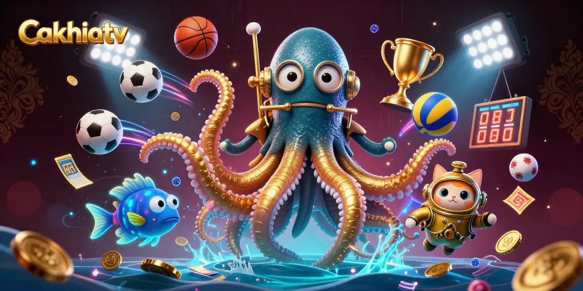 Cakhiatv brings excitement to sports betting with a kraken and diving cat against a dynamic gambling backdrop.