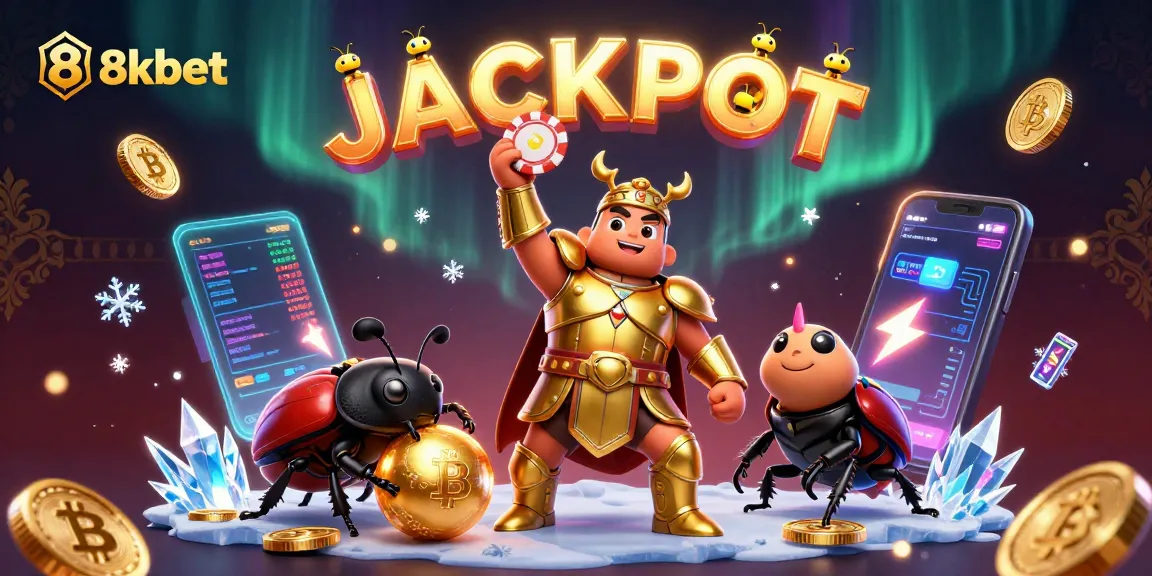 Experience the thrill of 8xbet with a victorious beetle character celebrating a jackpot in a rich casino setting.