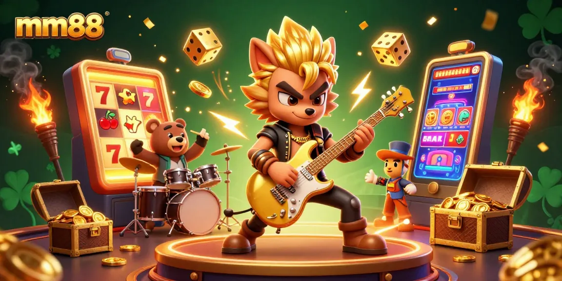 Experience exciting gameplay and jackpots with mm88 at the vibrant casino stage featuring cartoon characters.