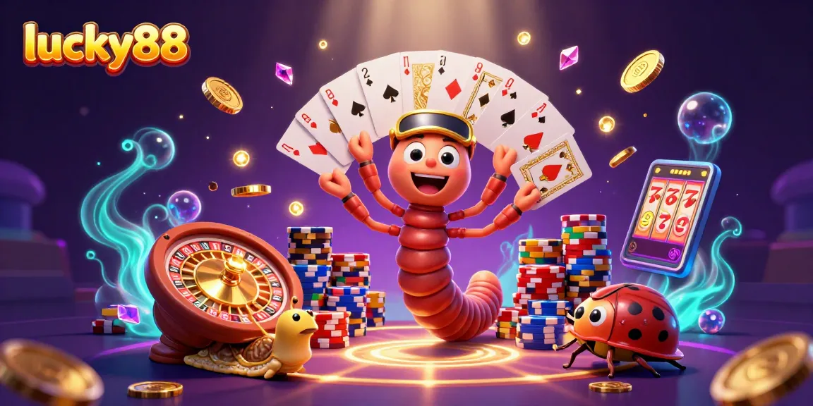 Experience lucky88 excitement with a 3D cartoon dealer and vibrant casino elements.
