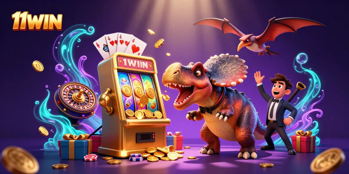 Spin to win with 11WIN as a dinosaur heads toward a golden slot machine!