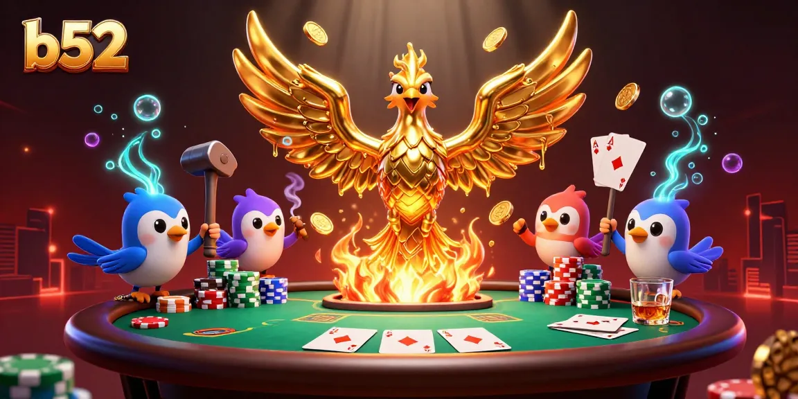 Experience the excitement of b52 casino with a golden phoenix and vibrant poker elements.