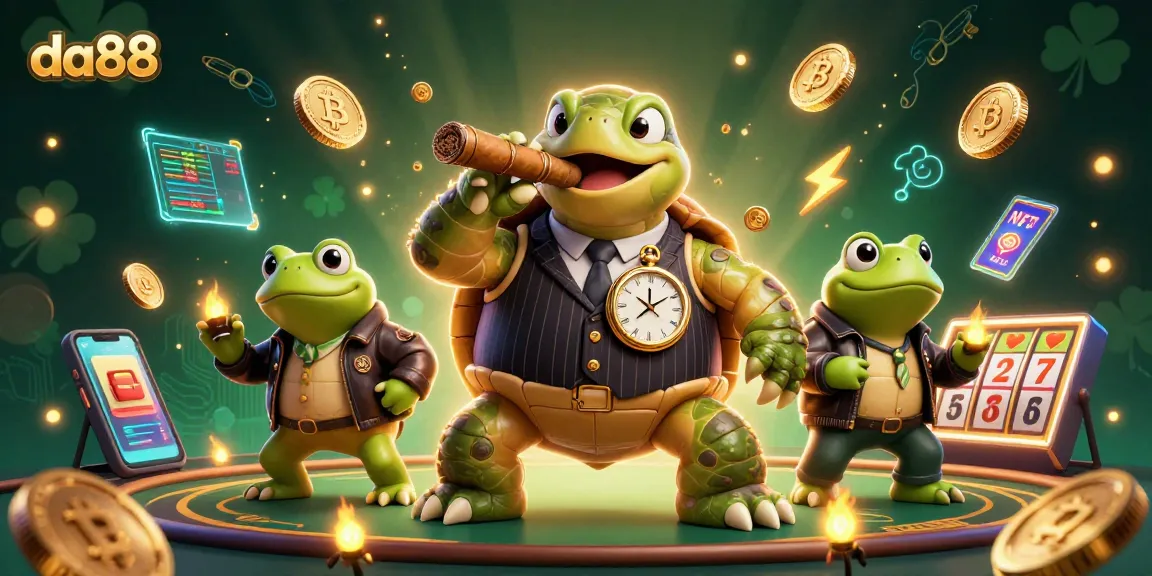 Spin vibrant slots and engage in crypto gaming with da88's dynamic casino scene featuring a vivid turtle.