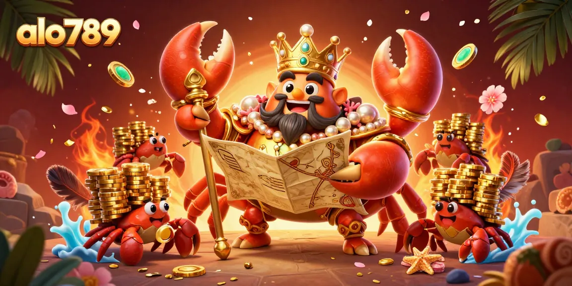 Bet on exciting cockfights with alo789's vibrant gaming scene featuring a golden crab emperor and treasures.