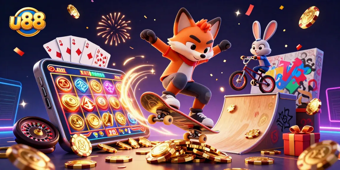 Experience thrilling wins with u88's vibrant 3D casino scene featuring fox and rabbit characters.