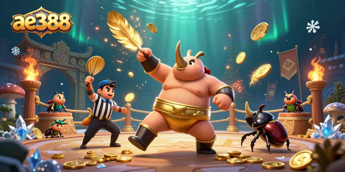 Join the excitement at ae388 with a thrilling scene featuring a sumo beetle champion and dynamic casino elements.