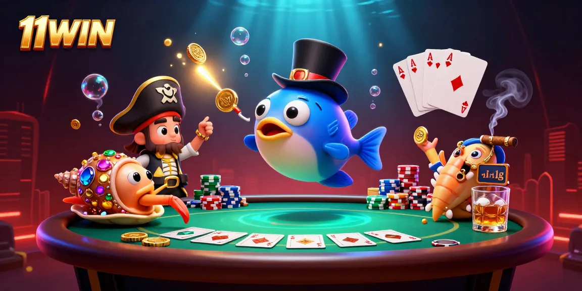 11WIN casino illustration with anglerfish, shrimp, and snail in casino scene.