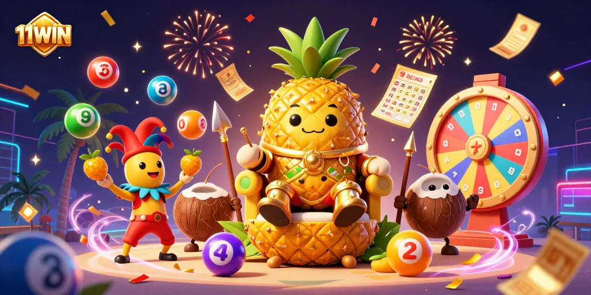 Engage with exciting casino scenes featuring 11WIN's golden pineapple king and vibrant lottery elements.