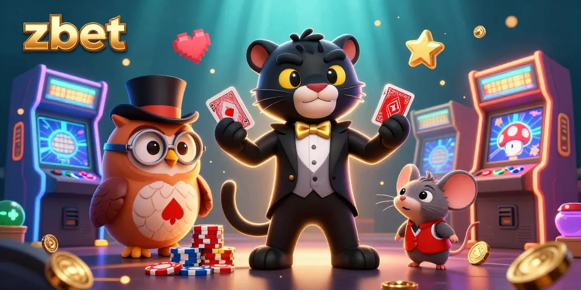 zbet offers thrilling card games with a tuxedoed panther dealer, enticing players with poker chips and celebration.