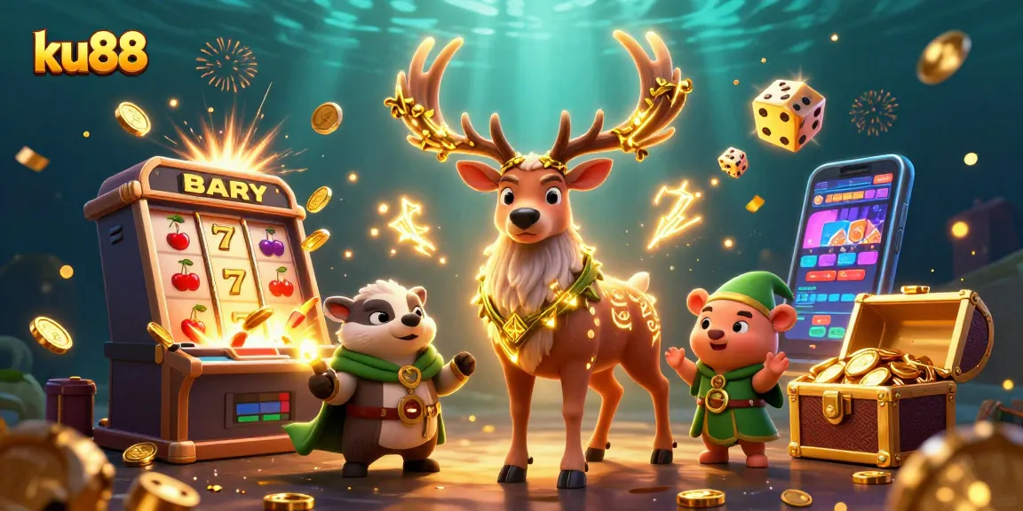 ku88 showcases a vibrant 3D casino scene with a druid stag and jackpot elements, capturing excitement.