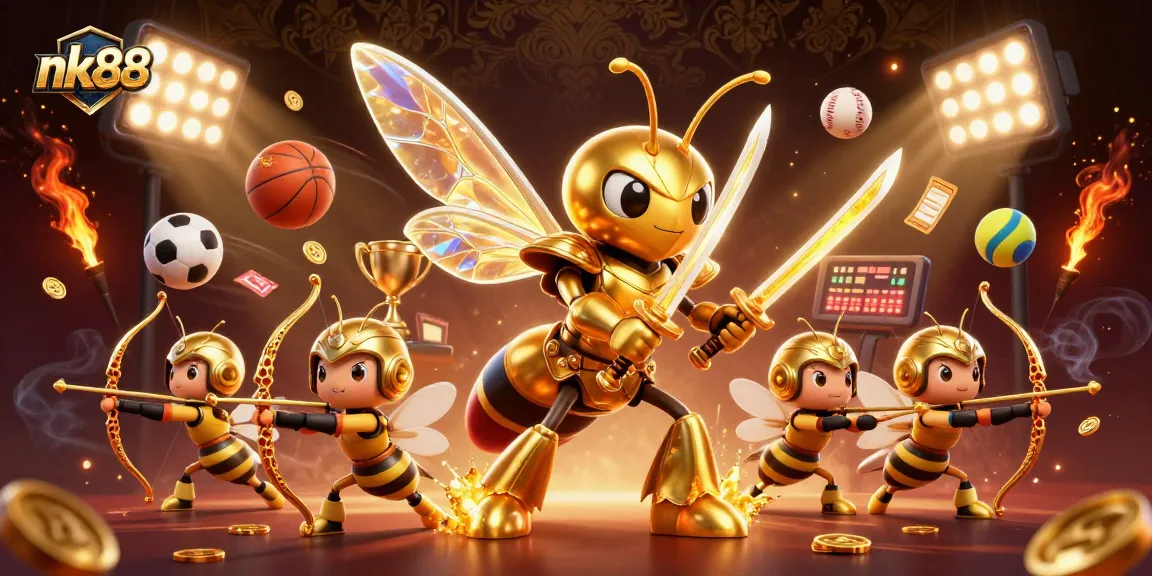 nk88 offers immersive gameplay with a golden hornet samurai surrounded by sports elements.